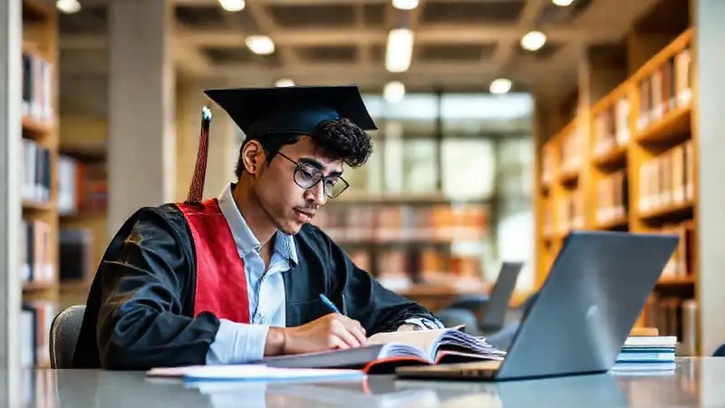Estudiante de posgrado trabajando en una biblioteca
