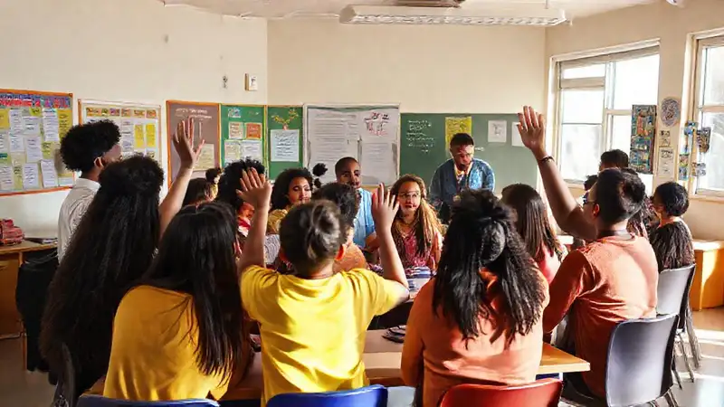 Grupo diverso en aula participando activamente