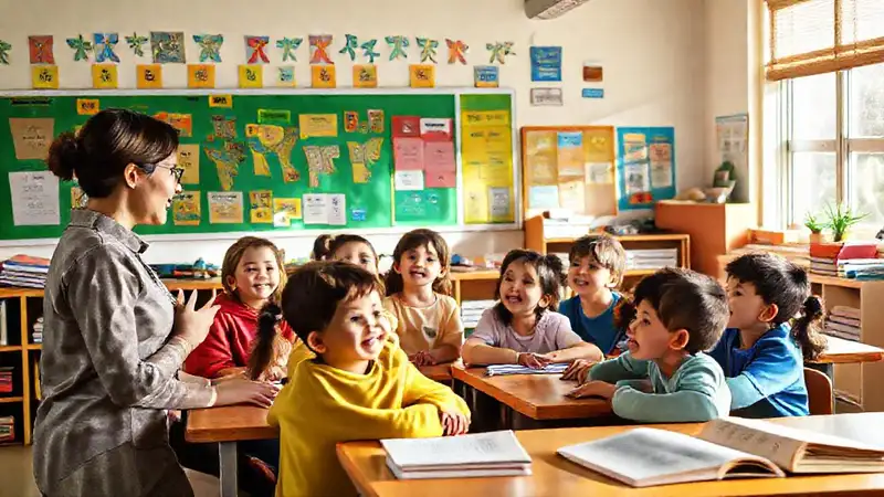 Niños, maestro, alegría y aprendizaje en clase