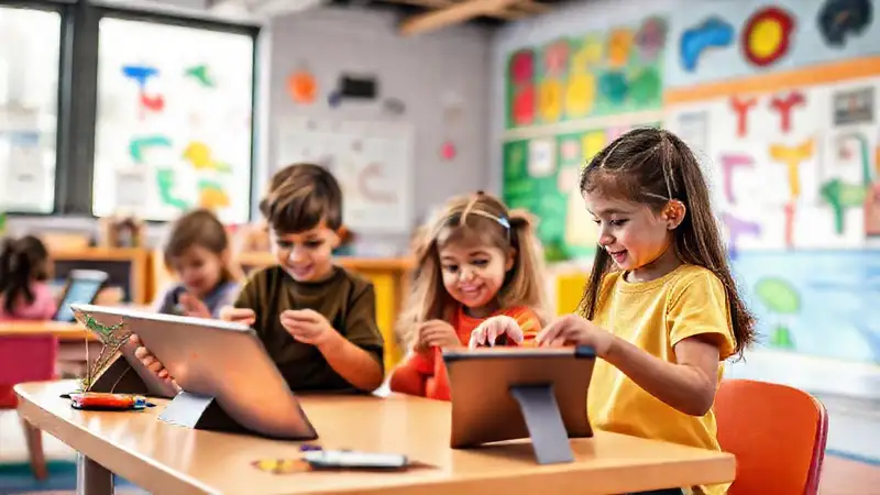 Aula moderna y creativa con niños y tecnología