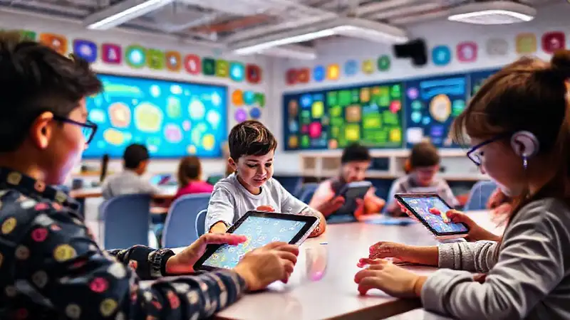 Aula moderna con tecnología e interacción estudiantil