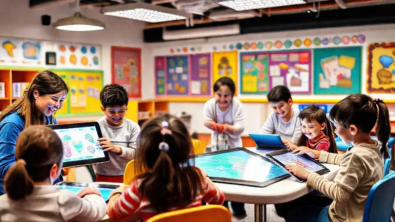 Aula moderna con niños y tecnología interactiva