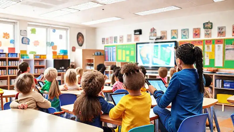 Aula moderna y diversa con tecnología interáctiva