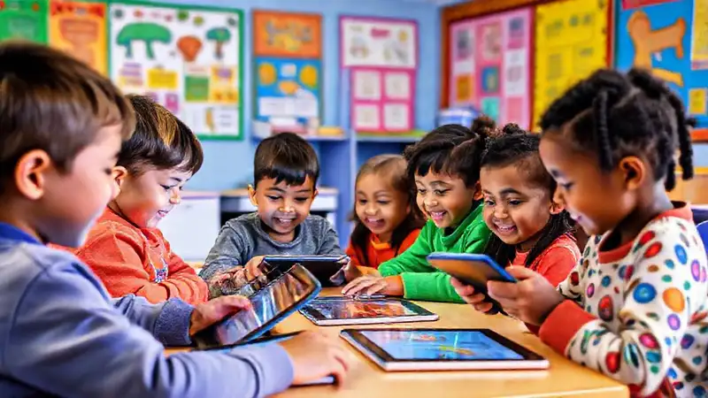 Niños en aula moderna y colorida aprendiendo