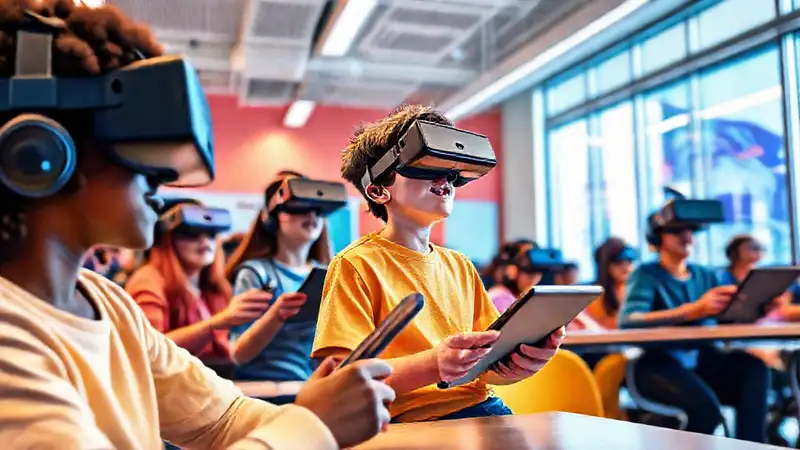 Estudiantes usan tecnología moderna en clase innovadora