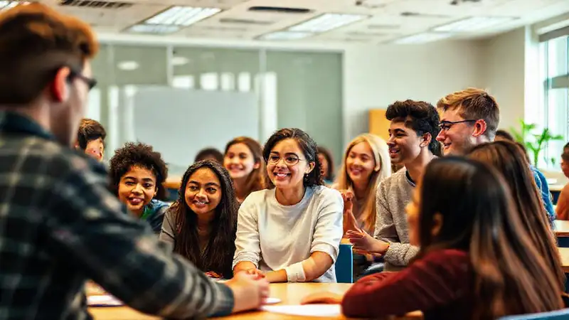 Estudiantes diversos participando en actividad colaborativa