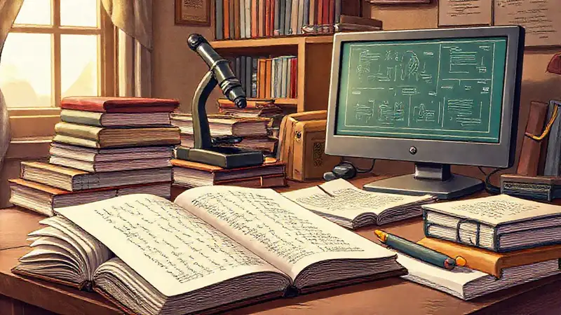 Estudio con libros, computadora y microscopio viejo
