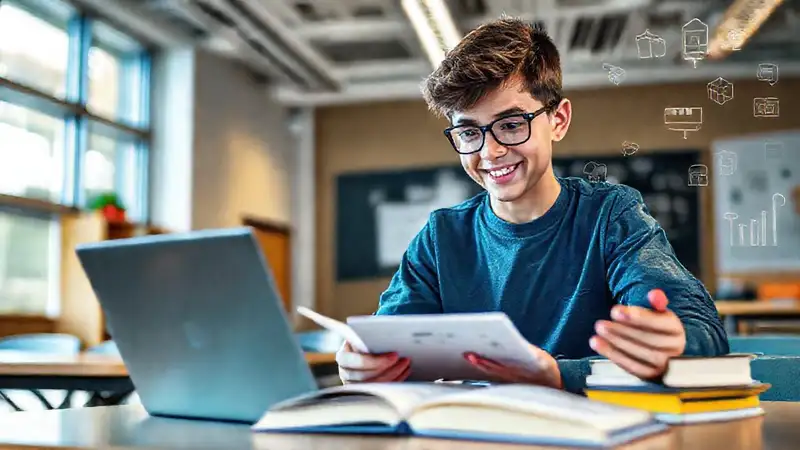 Estudiante motivado estudia matemáticas en aula moderna