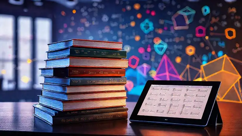 Espacio moderno con libros, fórmulas y colores