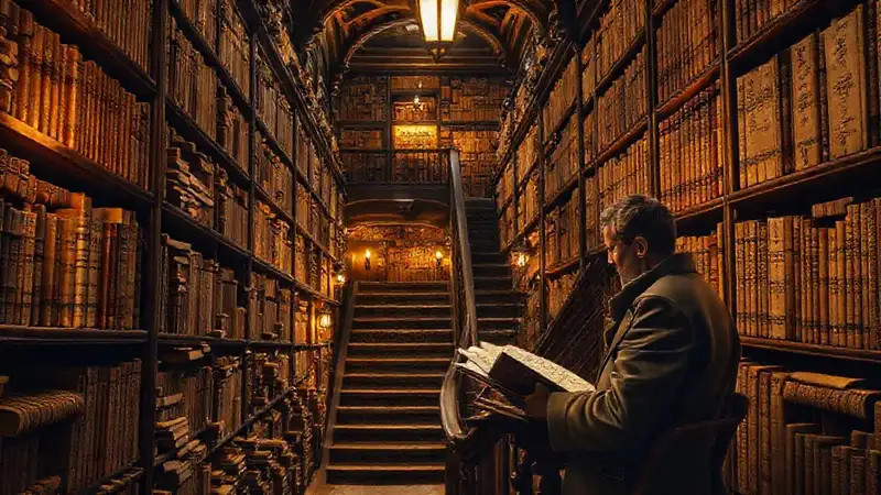 Biblioteca antigua con libros y ambiente intelectual
