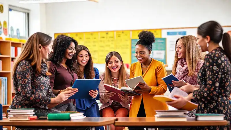 Profesores diversos colaboran en aula inclusiva y dinámica