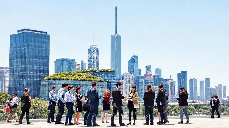 Ciudad moderna y ecológica con profesionales y verdes