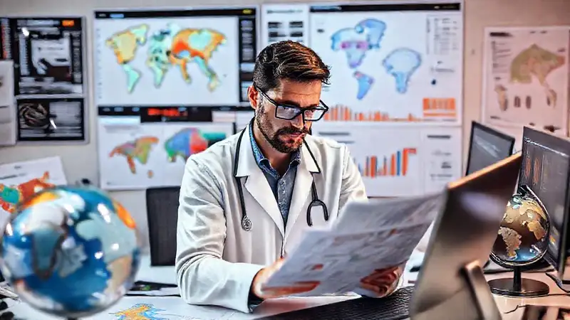 Investigador profesional analizando datos y mapas digitales