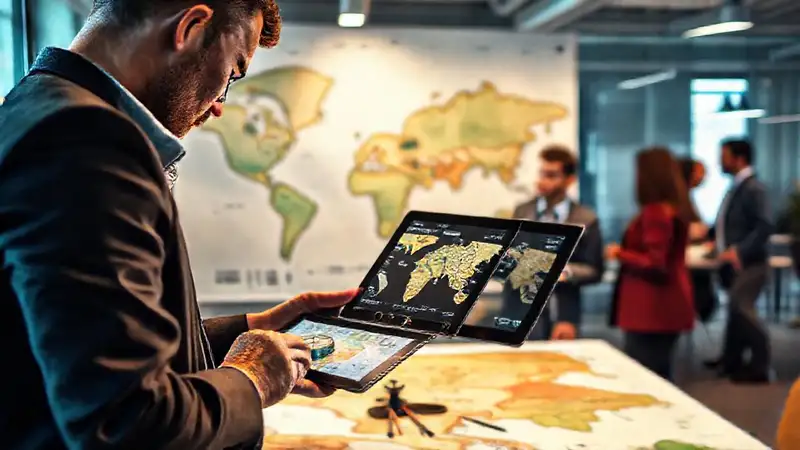 Cartógrafo digital trabajando en mapa mundial