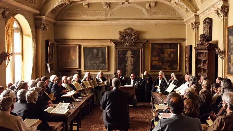 Sala histórica con académicos y libros vintage