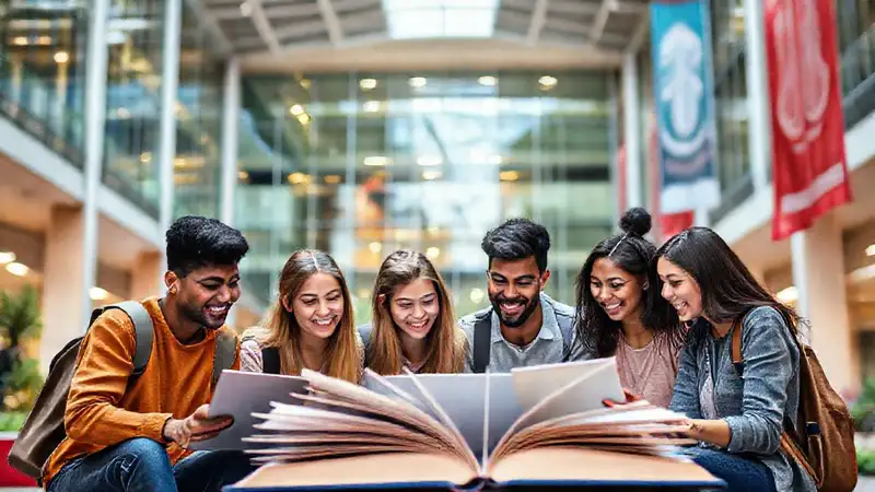 Estudiantes colaborando en un campus universitario