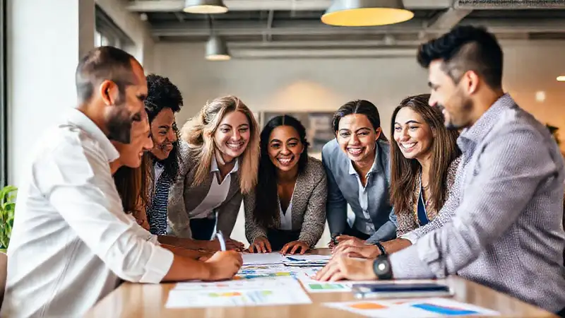Equipo diverso colabora con alegría y creatividad