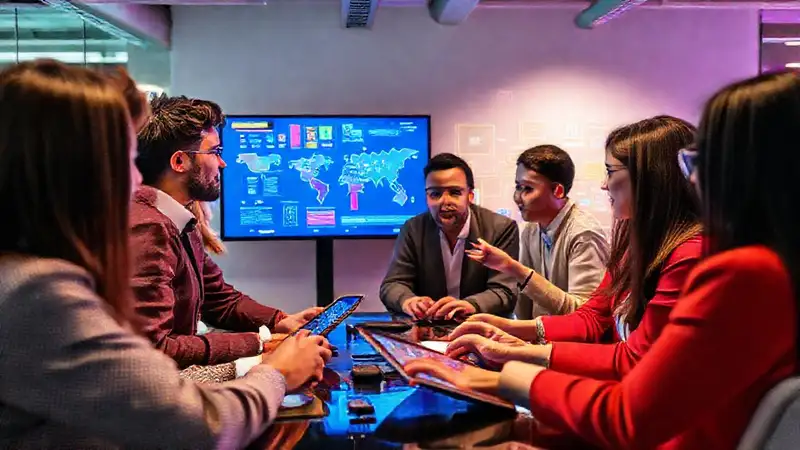 Trabajo en equipo diverso con tecnología y creatividad