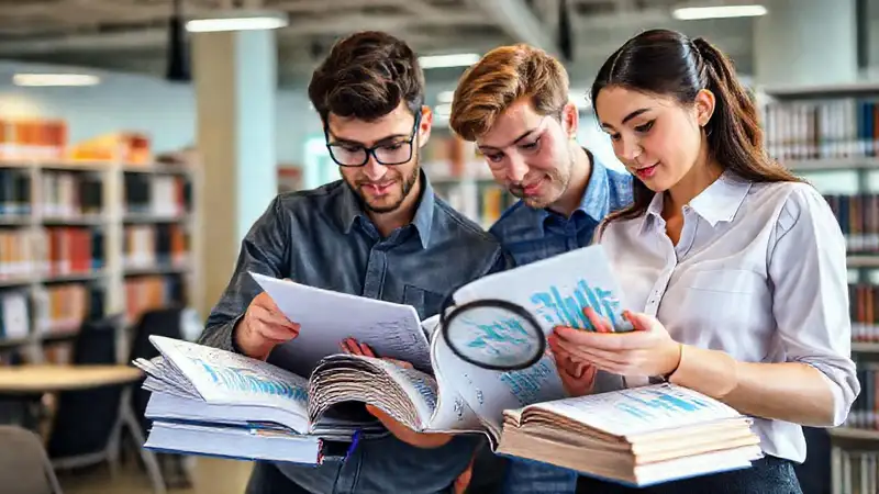 Estudiantes analizan datos económicos en biblioteca moderna