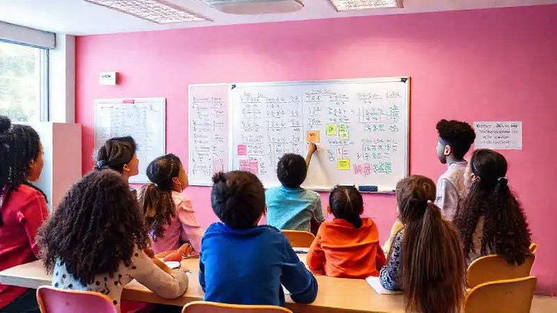 Estudiantes diversos en taller de matemáticas colaborativo