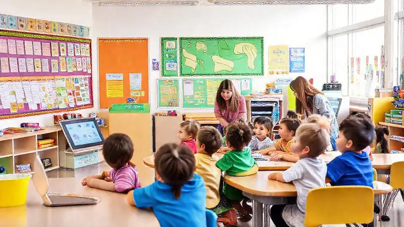 Aula vibrante con niños y materiales modernos
