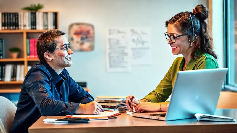 Investigador amable estudia sociología en moderno espacio