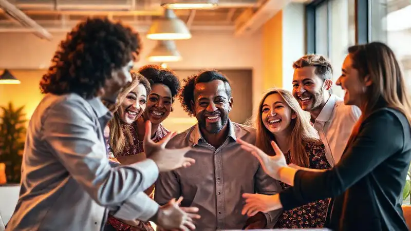 Equipo diverso y entusiasta en oficina moderna