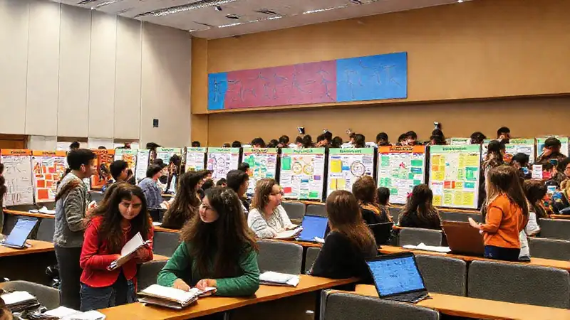 Estudiantes colaboran en una conferencia científica vibrante