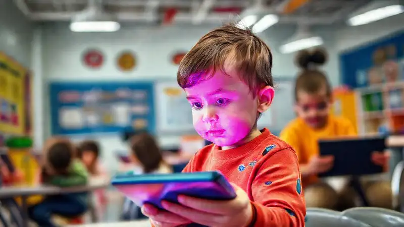 Niño usando tecnología en aula inclusiva y moderna