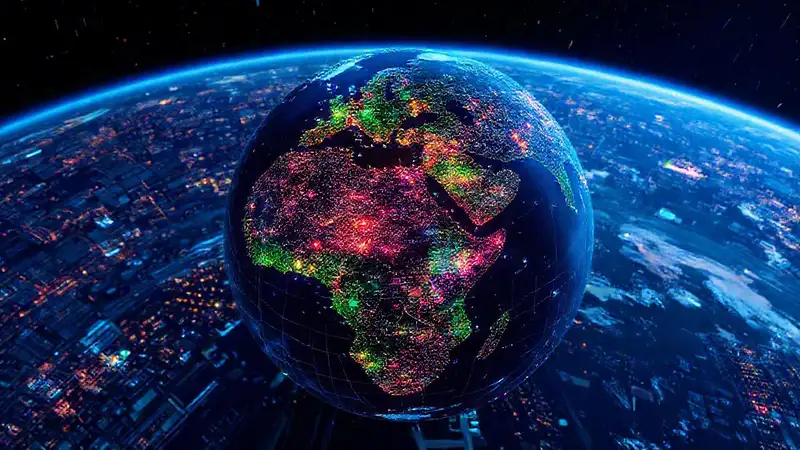 Mundo digital futurista con datos y mapas