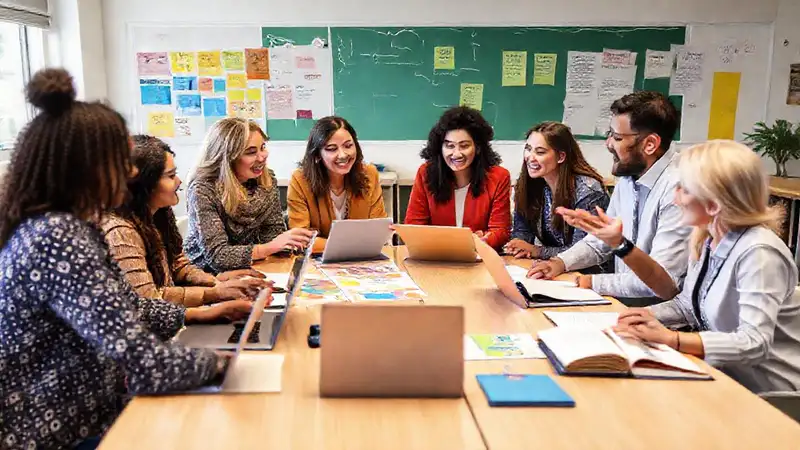 Educadores colaborando en un aula moderna