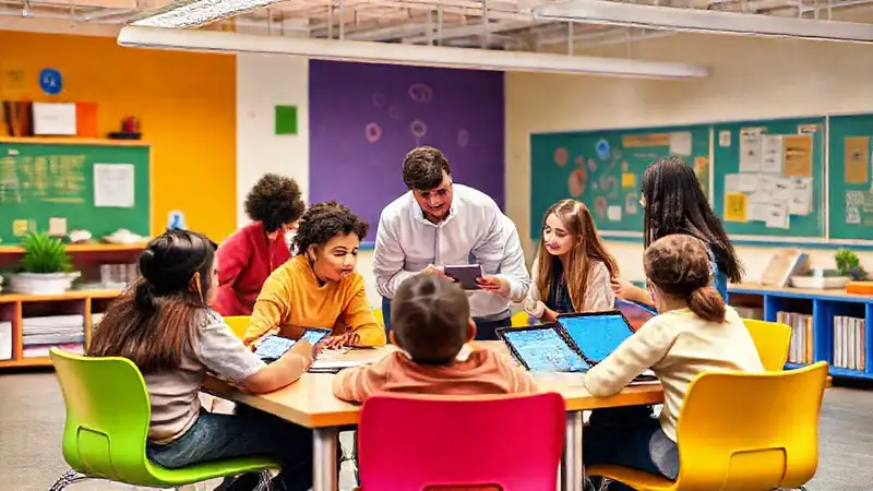 Aula moderna con colaboración y tecnología