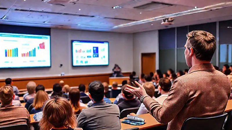 Profesor presenta visuales atractivos en aula moderna
