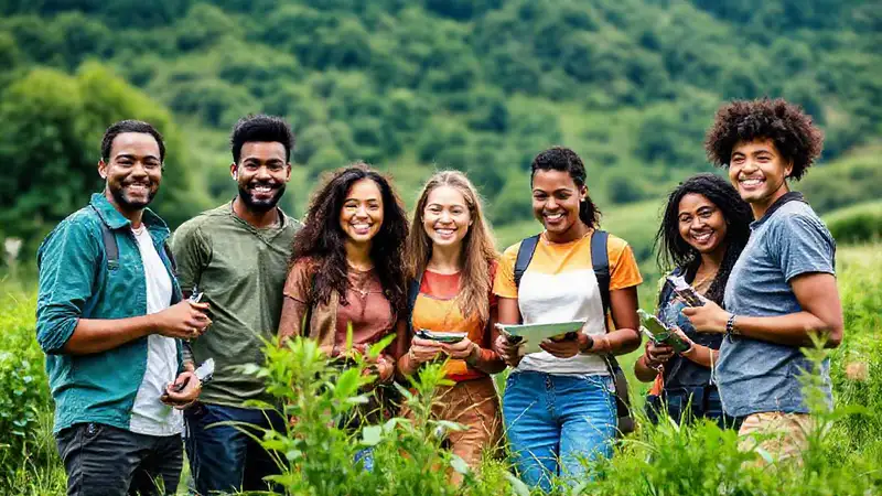 Equipo diverso colaborando en entorno ecológico y positivo