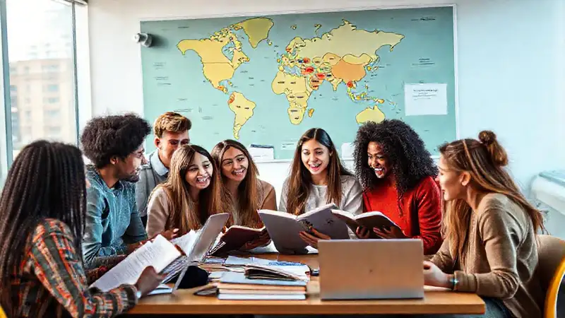 Grupo estudiantil discute estrategias en aula moderna