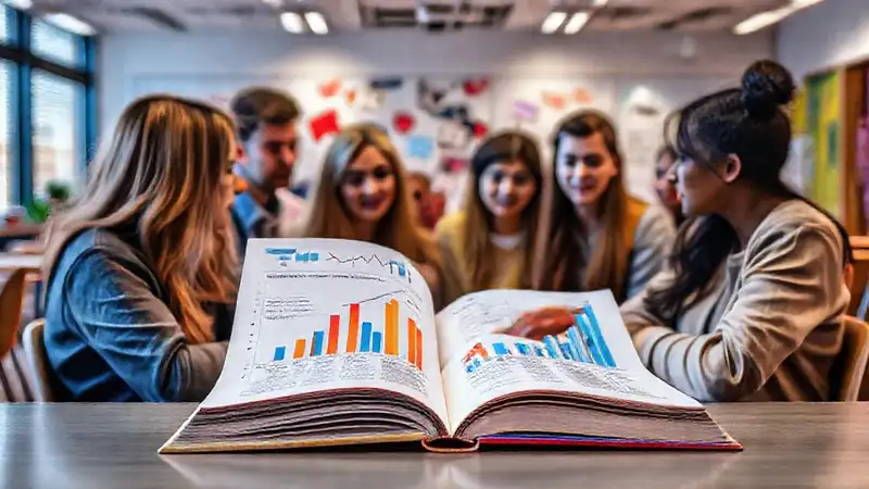 Estudiantes discuten datos en aula moderna