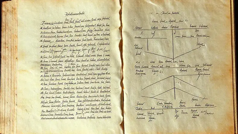 Manuscrito antiguo sobre la evolución del lenguaje