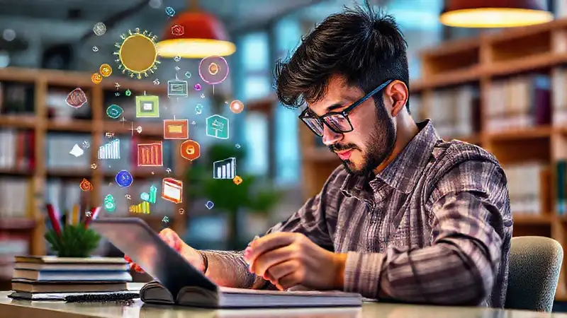 Estudiante usando tecnología en estudio moderno