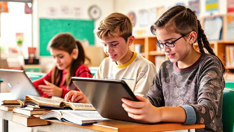 Estudiantes aprendiendo con tecnología en aula colorida