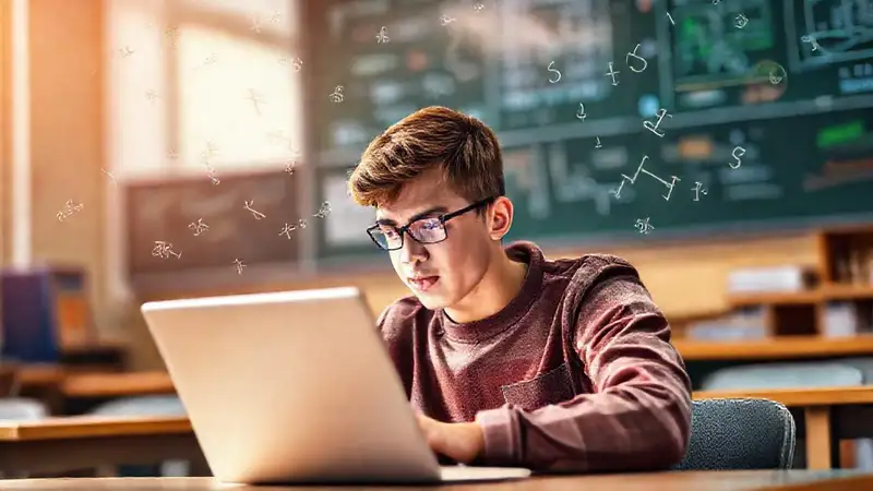 Estudiante estudiando matemáticas en aula digital