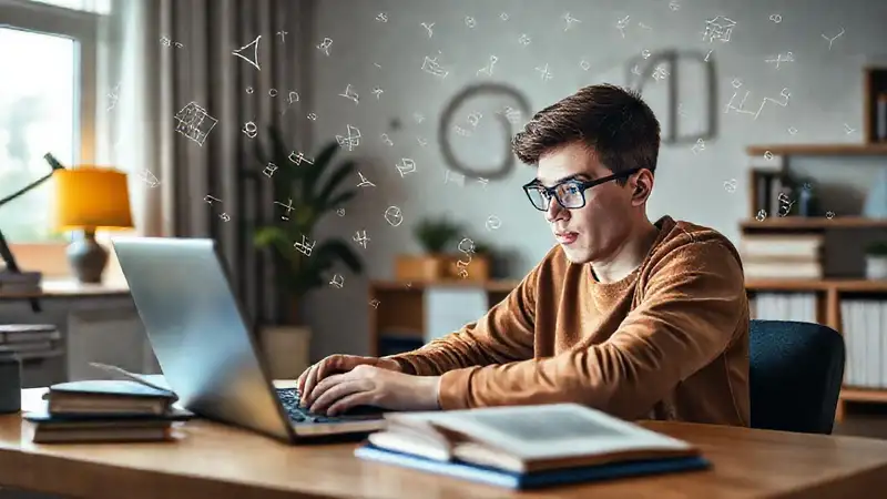 Estudiante motivado estudiando matemáticas en línea