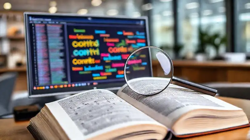 Libro y ordenador con datos lingüísticos digitales