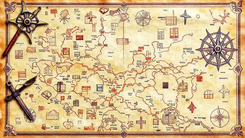 Mapa vintage colorido con símbolos y herramientas