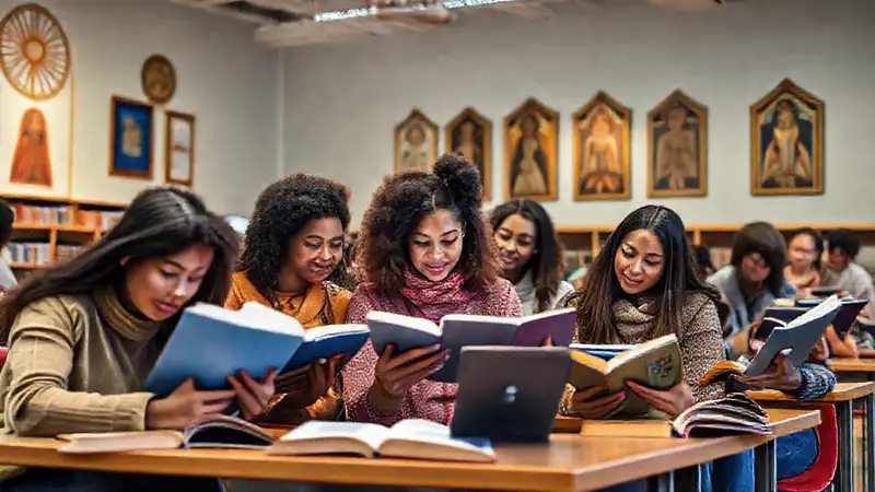 Estudiantes diversos en aula moderna e inclusiva