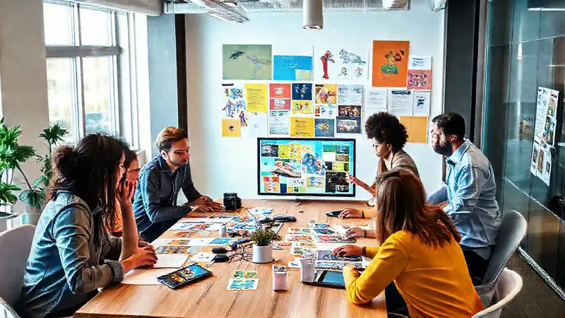 Equipo diverso comparte ideas en un entorno creativo
