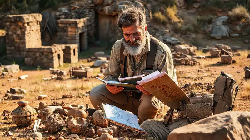 Antropólogo explorando restos culturales en exteriores