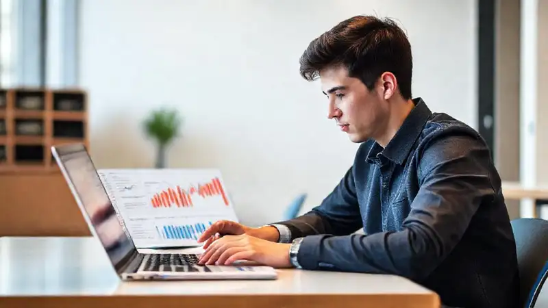 Estudiante trabaja en proyecto económico en aula moderna