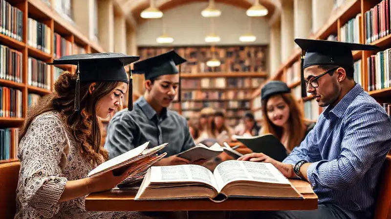 Estudiantes estudian teología en biblioteca universitaria