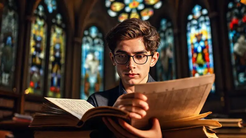 Estudiante estudia con libros antiguos en iglesia