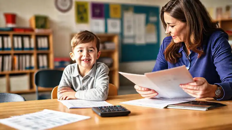 Estudiante con necesidades, cuidador y documentos financieros
